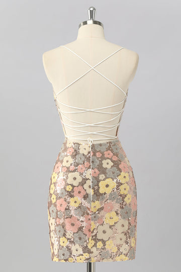 Żółta kwiatowa cekinowa sukienka bodycon mini homecoming